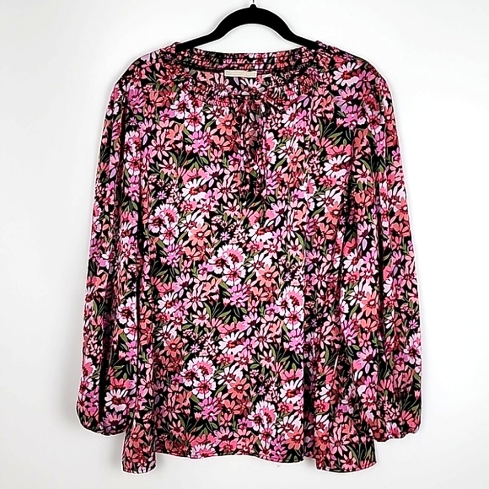 Sunny Leigh Women's Floral Peasant Blouse Split Neck Tie Pink Black Plus 3X